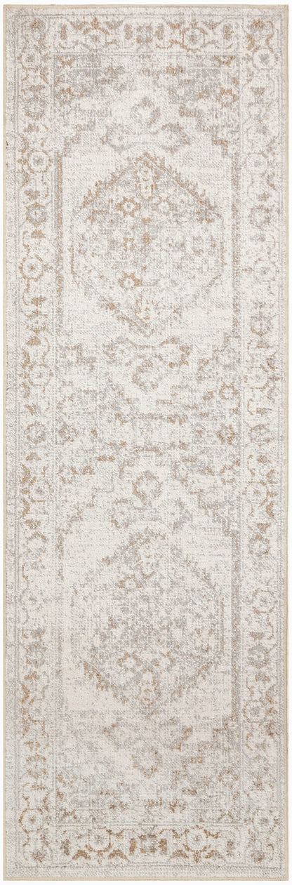Cream-beige oriental runner rug with distressed floral medallions and decorative border; neutral tones.