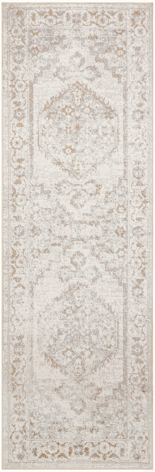 Cream-beige oriental runner rug with distressed floral medallions and decorative border; neutral tones.