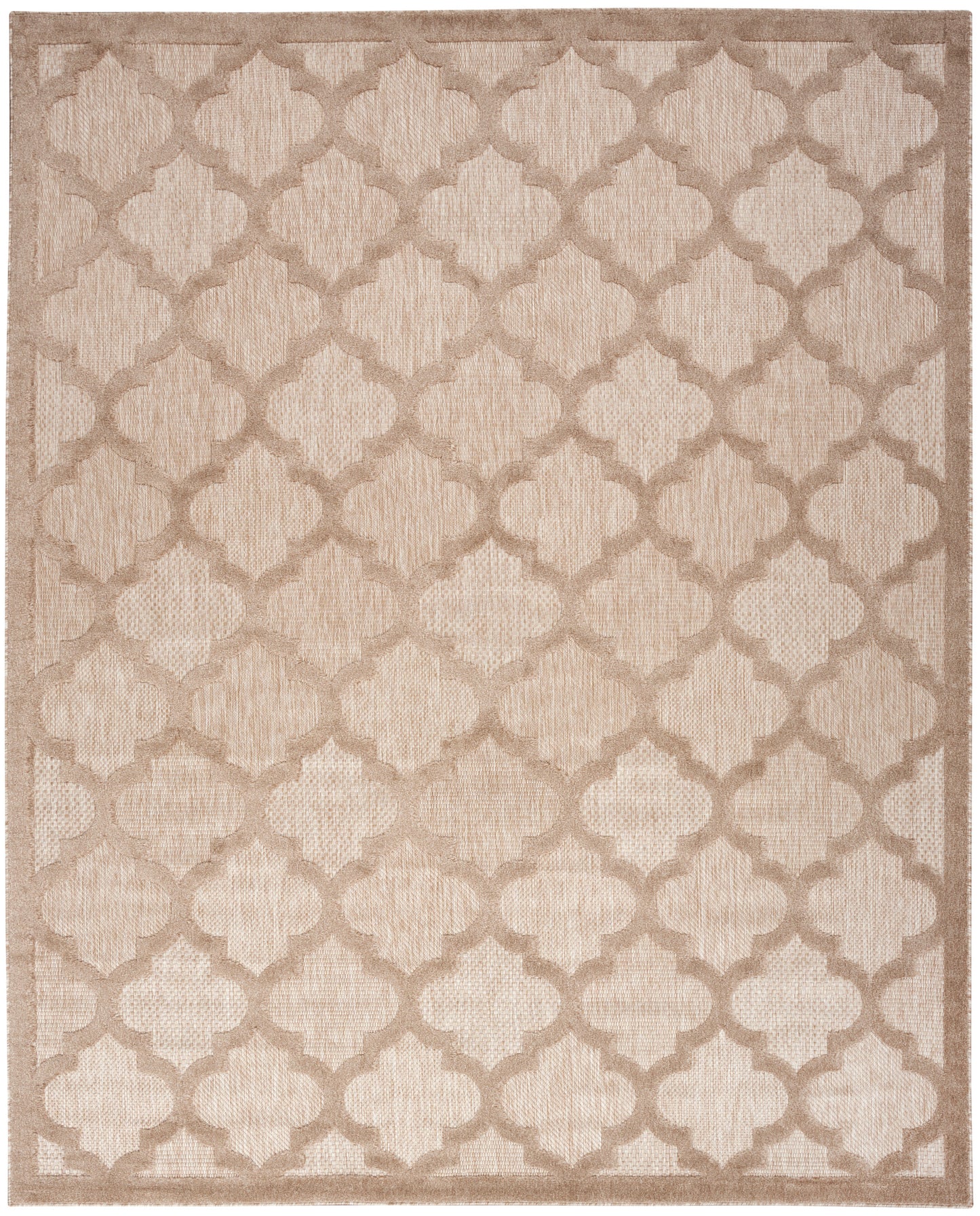 Beige textured rug with taupe lattice trellis pattern and border.