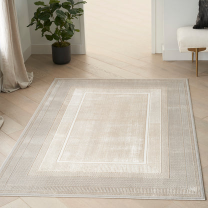 Beige rectangular rug with nested borders and central panel on light wood floor in a bright living room.