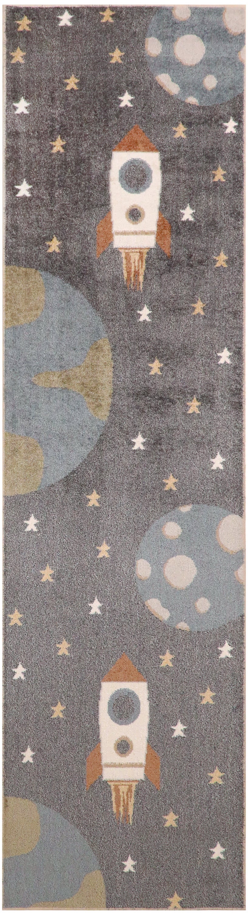 Vertical space-themed bookmark with white and orange rockets, yellow stars and blue planets on dark gray background.