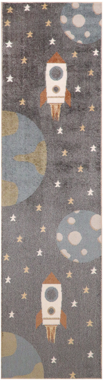Vertical space-themed bookmark with white and orange rockets, yellow stars and blue planets on dark gray background.