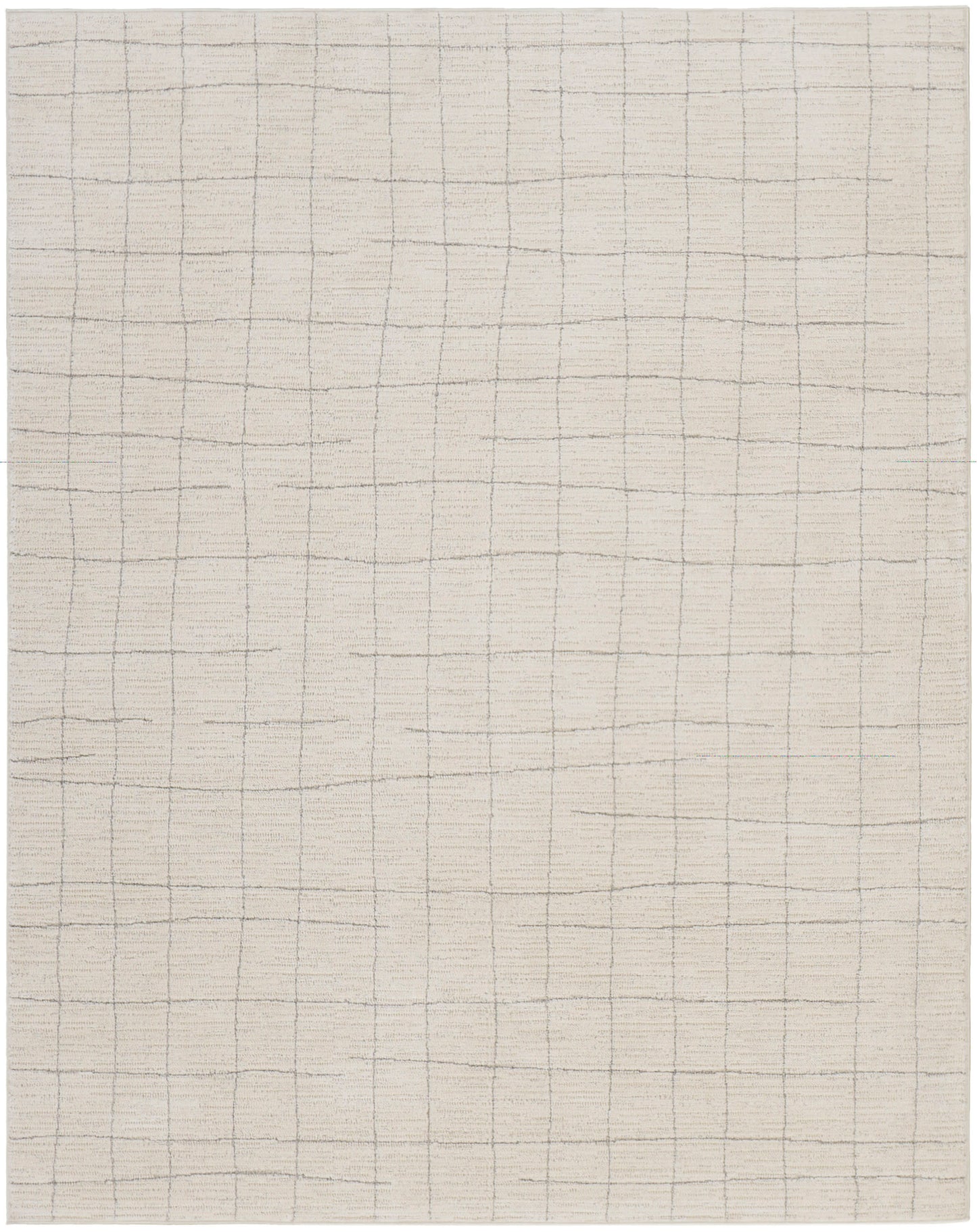 Cream woven rug with a subtle gray grid pattern forming square tiles; soft neutral floor covering.