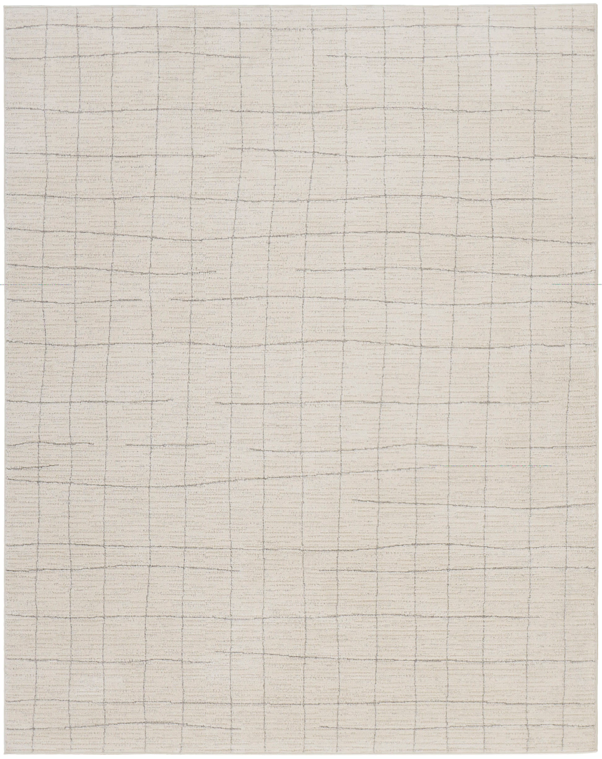 Cream woven rug with a subtle gray grid pattern forming square tiles; soft neutral floor covering.