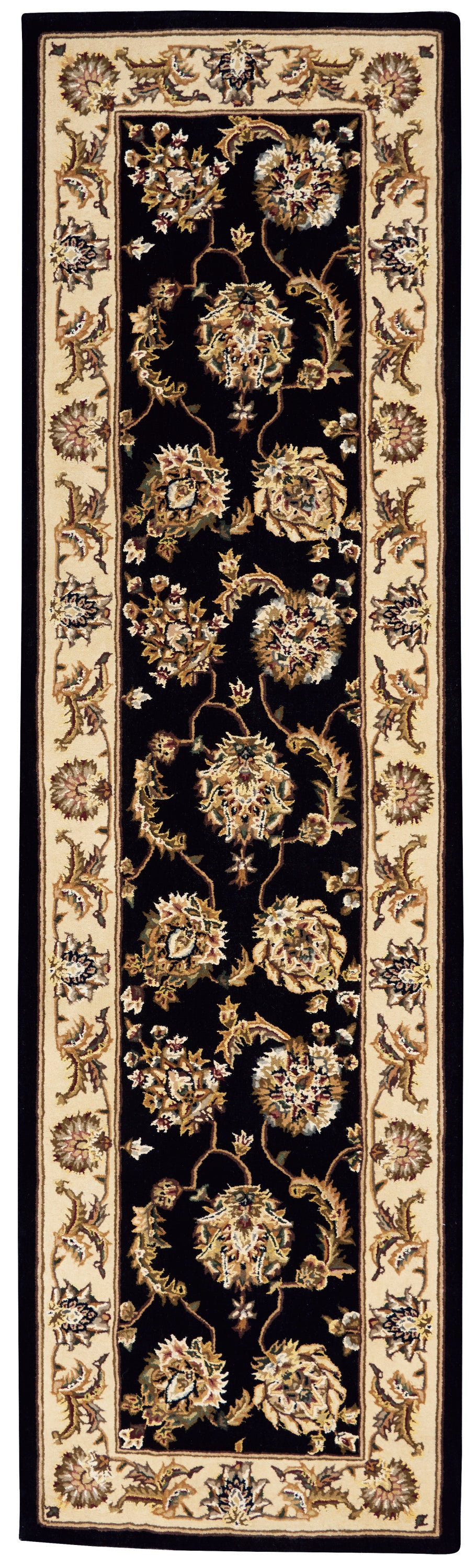 Traditional Persian-style runner rug: black center with gold floral vines, beige ornate border, long narrow hallway decor.