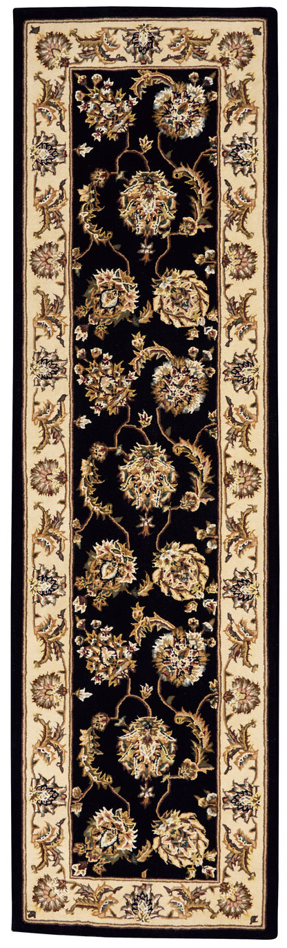 Traditional Persian-style runner rug: black center with gold floral vines, beige ornate border, long narrow hallway decor.