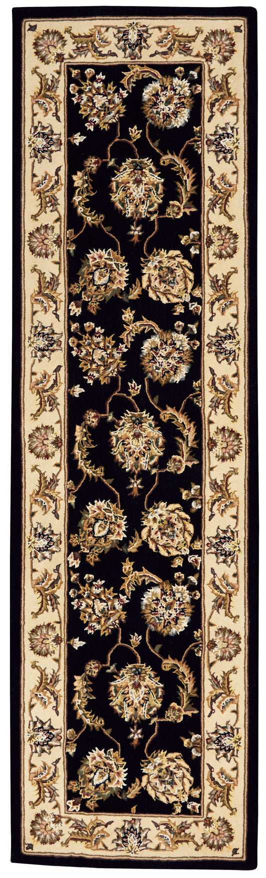 Traditional Persian-style runner rug: black center with gold floral vines, beige ornate border, long narrow hallway decor.