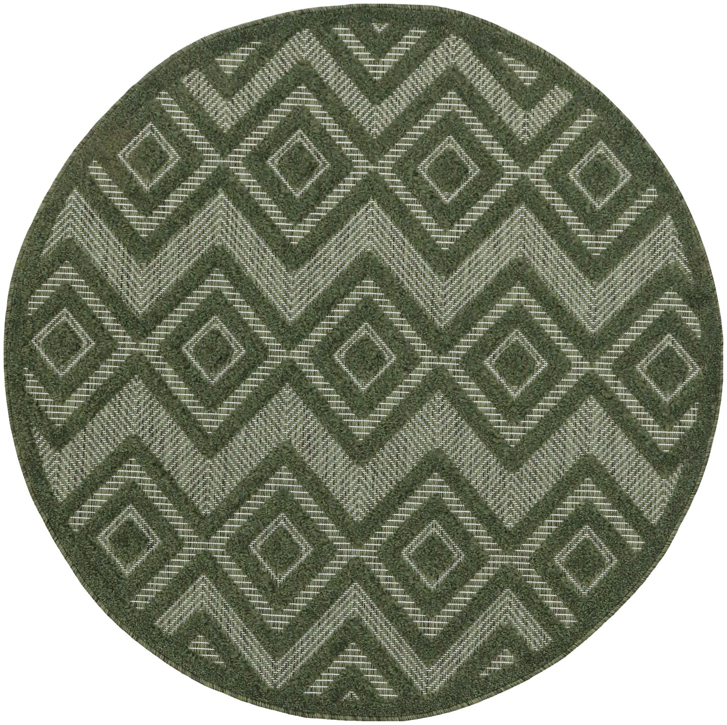 Round green rug with repeating diamond and chevron pattern in light beige lines.