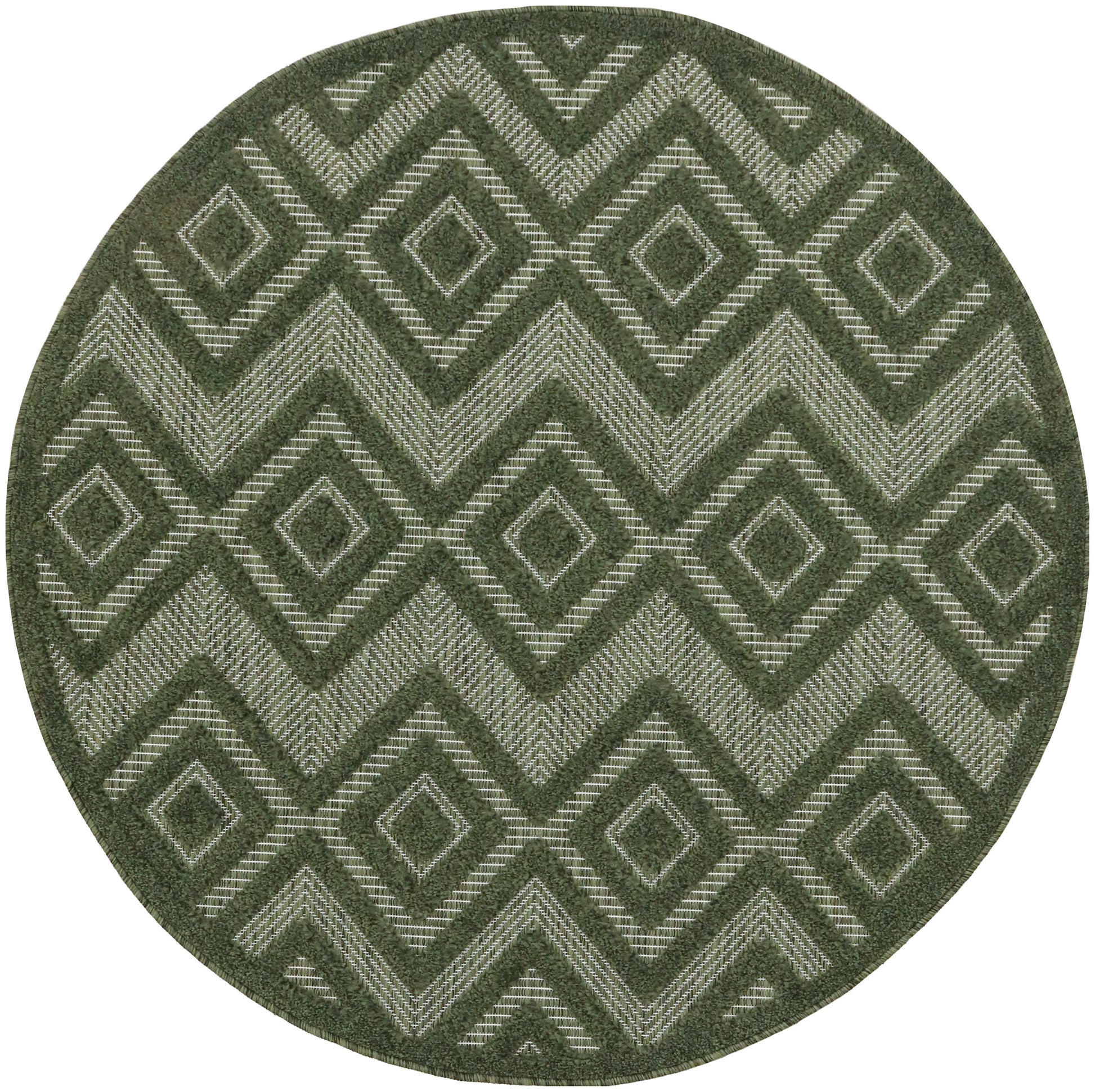 Round green rug with repeating diamond and chevron pattern in light beige lines.