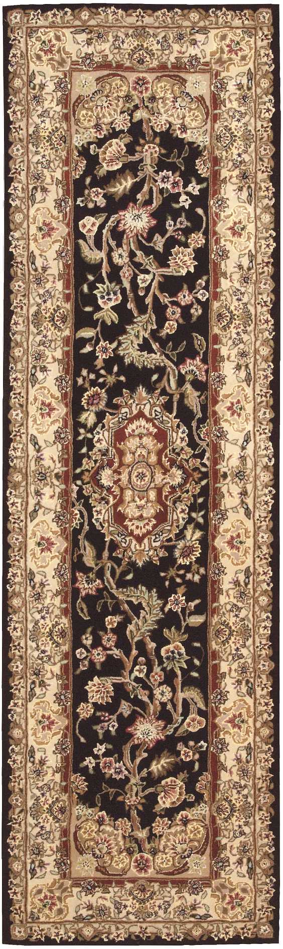 Persian-style runner rug with black central field, ivory-gold border and red cream floral medallion motifs.