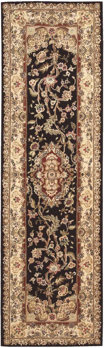 Persian-style runner rug with black central field, ivory-gold border and red cream floral medallion motifs.
