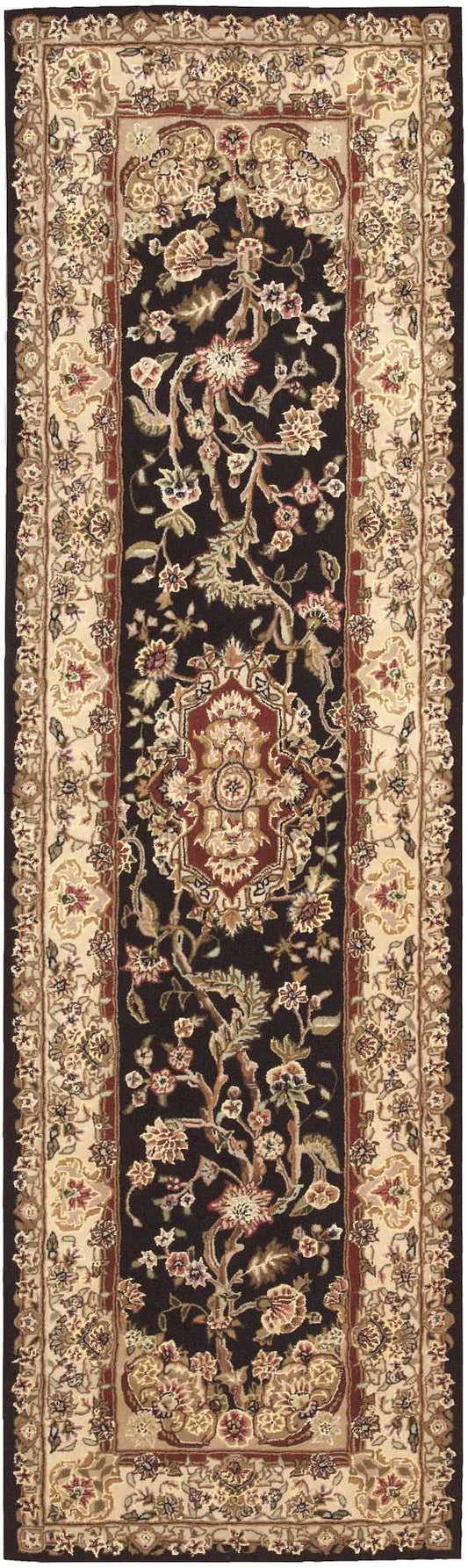 Persian-style runner rug with black central field, ivory-gold border and red cream floral medallion motifs.