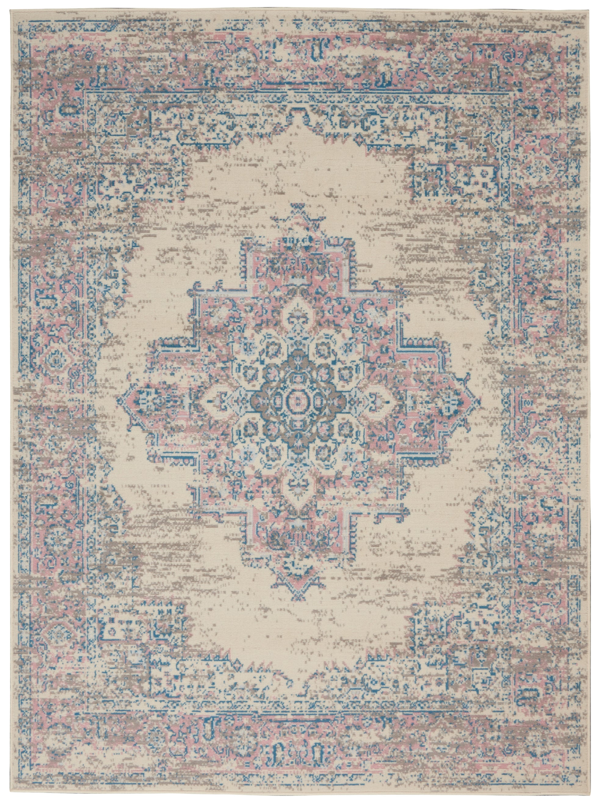 Distressed cream oriental rug with a blue and pink central medallion and ornate border.