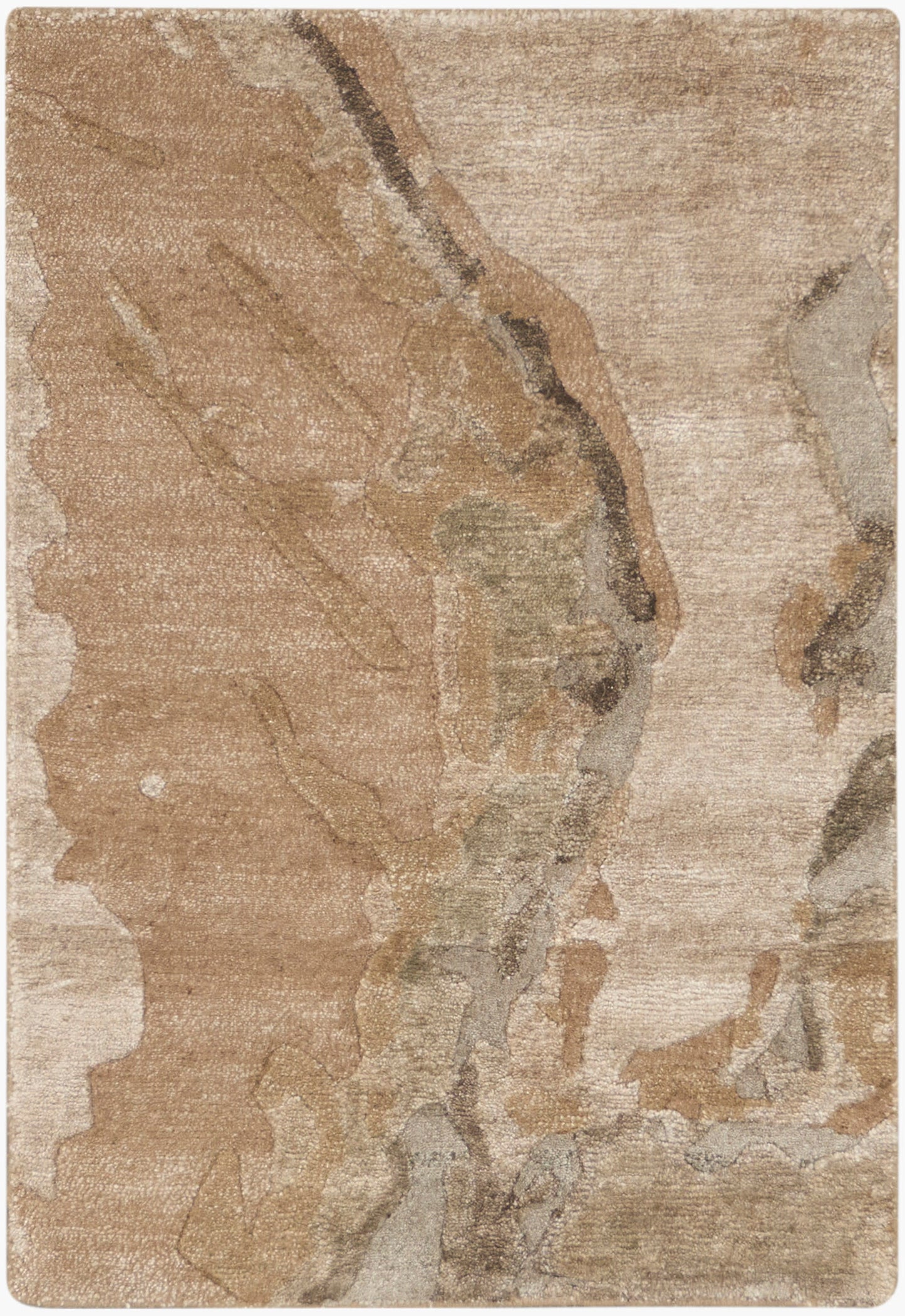 Rectangular beige-brown abstract-pattern area rug with muted gray veining and a textured, stone-like look.