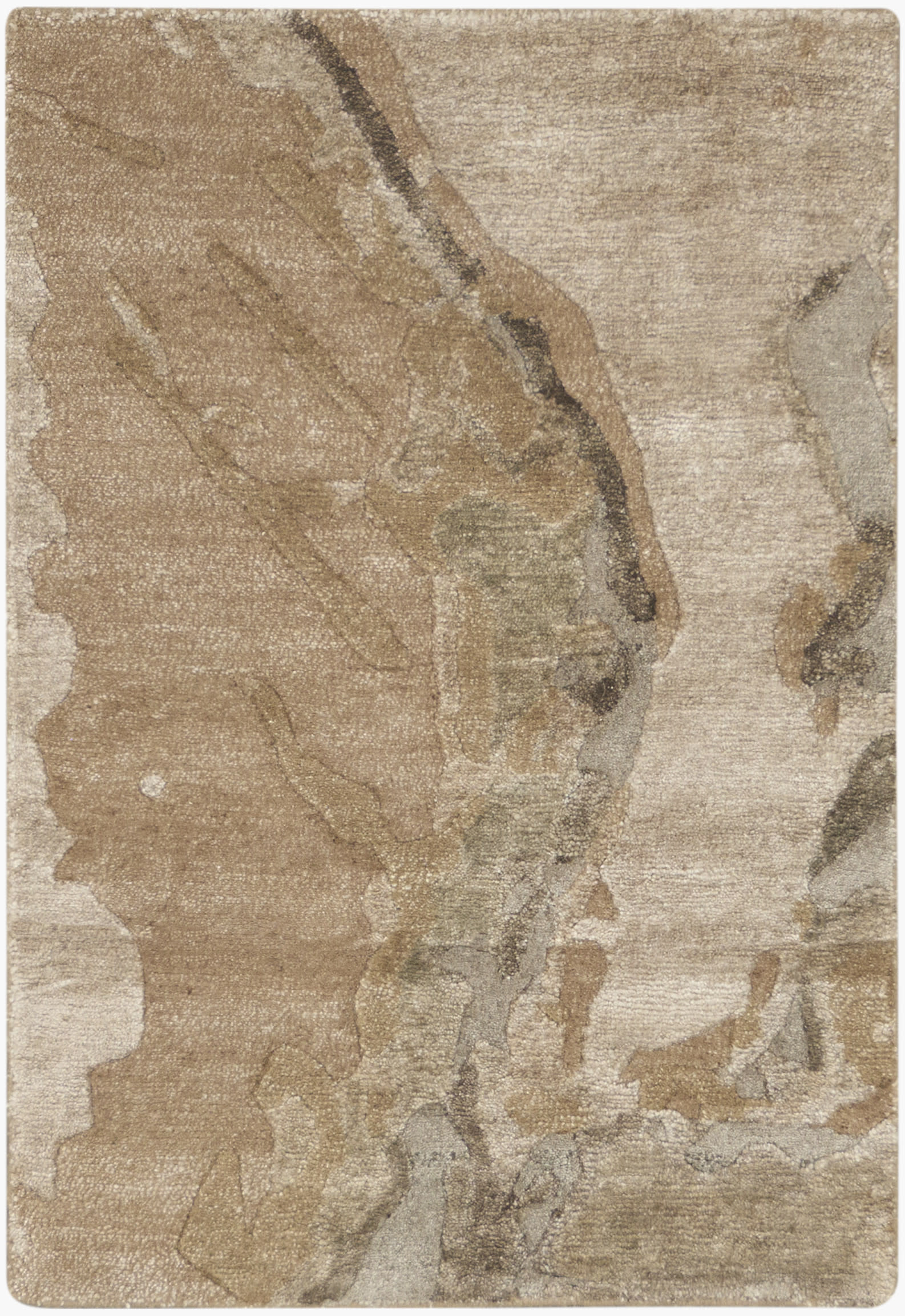 Rectangular beige-brown abstract-pattern area rug with muted gray veining and a textured, stone-like look.