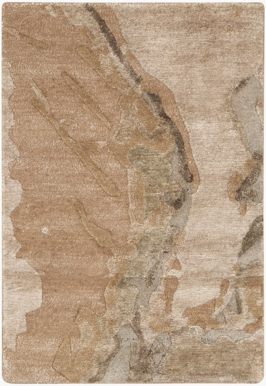 Rectangular beige-brown abstract-pattern area rug with muted gray veining and a textured, stone-like look.