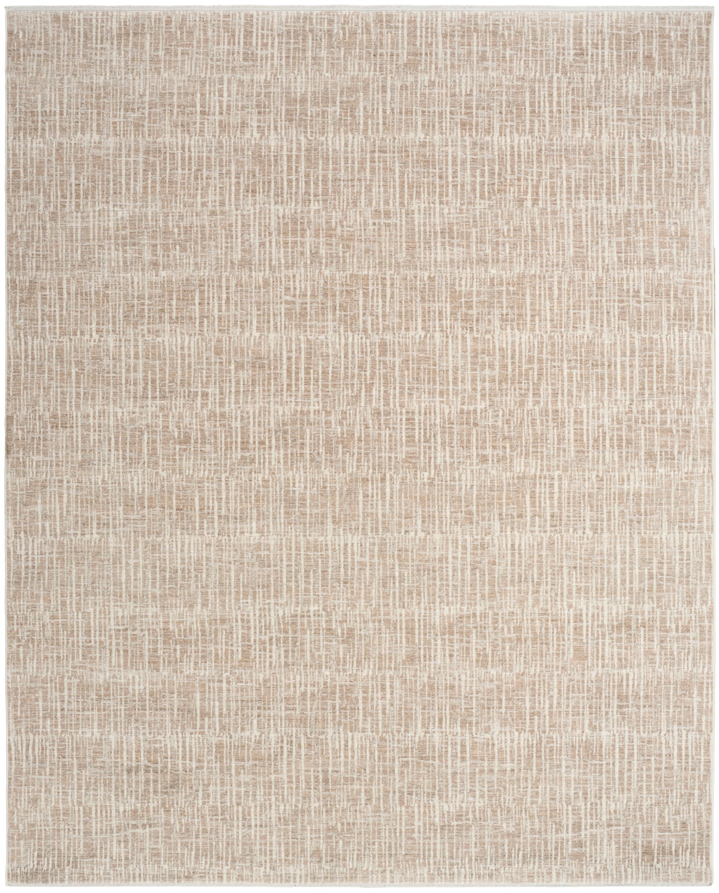Beige woven area rug with a subtle cream linear grid pattern; rectangular, modern minimalist style.