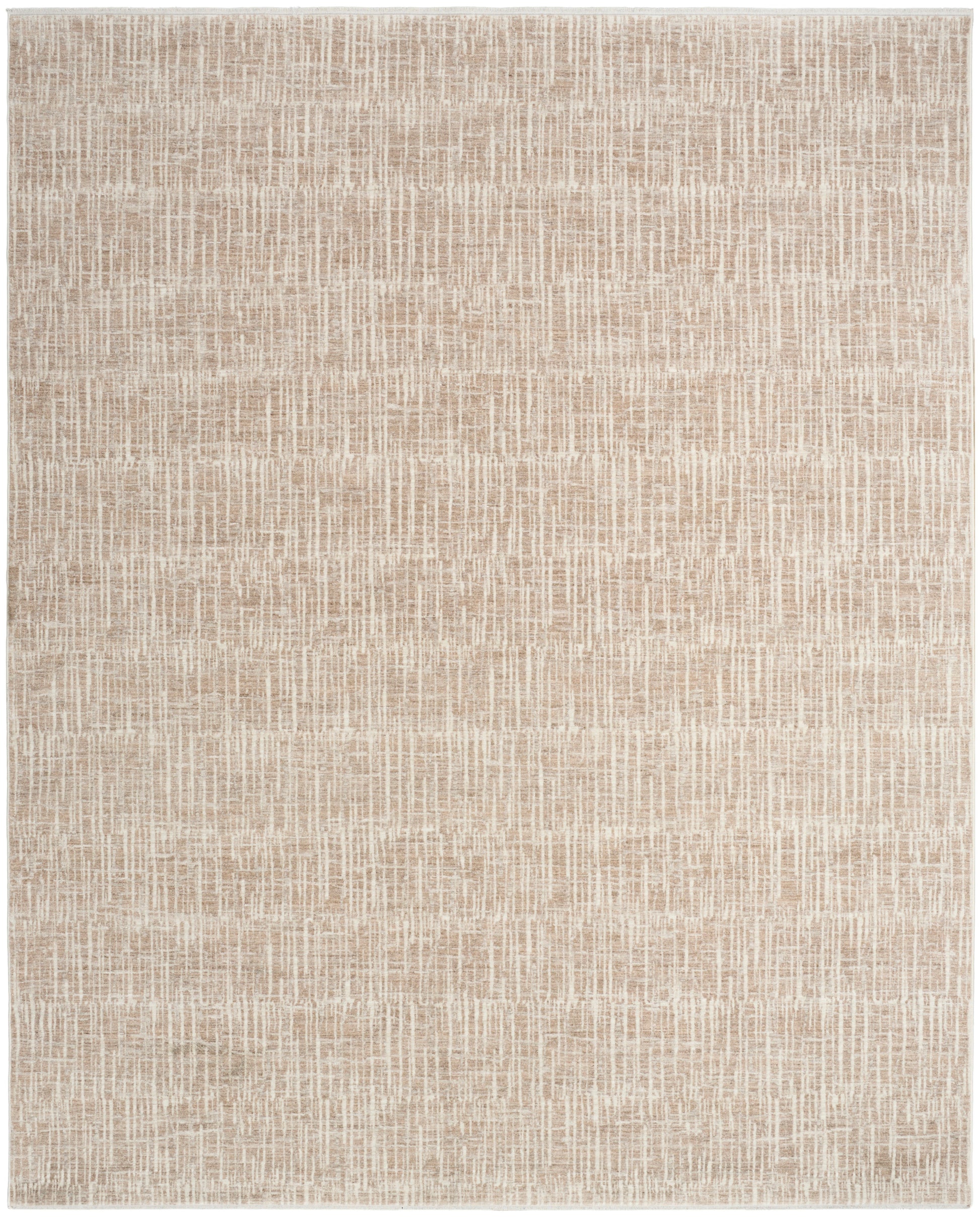 Beige woven area rug with a subtle cream linear grid pattern; rectangular, modern minimalist style.