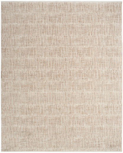 Beige woven area rug with a subtle cream linear grid pattern; rectangular, modern minimalist style.