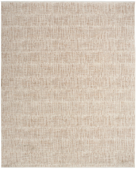 Beige woven area rug with a subtle cream linear grid pattern; rectangular, modern minimalist style.