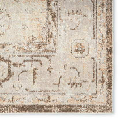 Rectangular beige oriental rug with brown border, vintage distressed pattern, soft plush pile for living room decor.