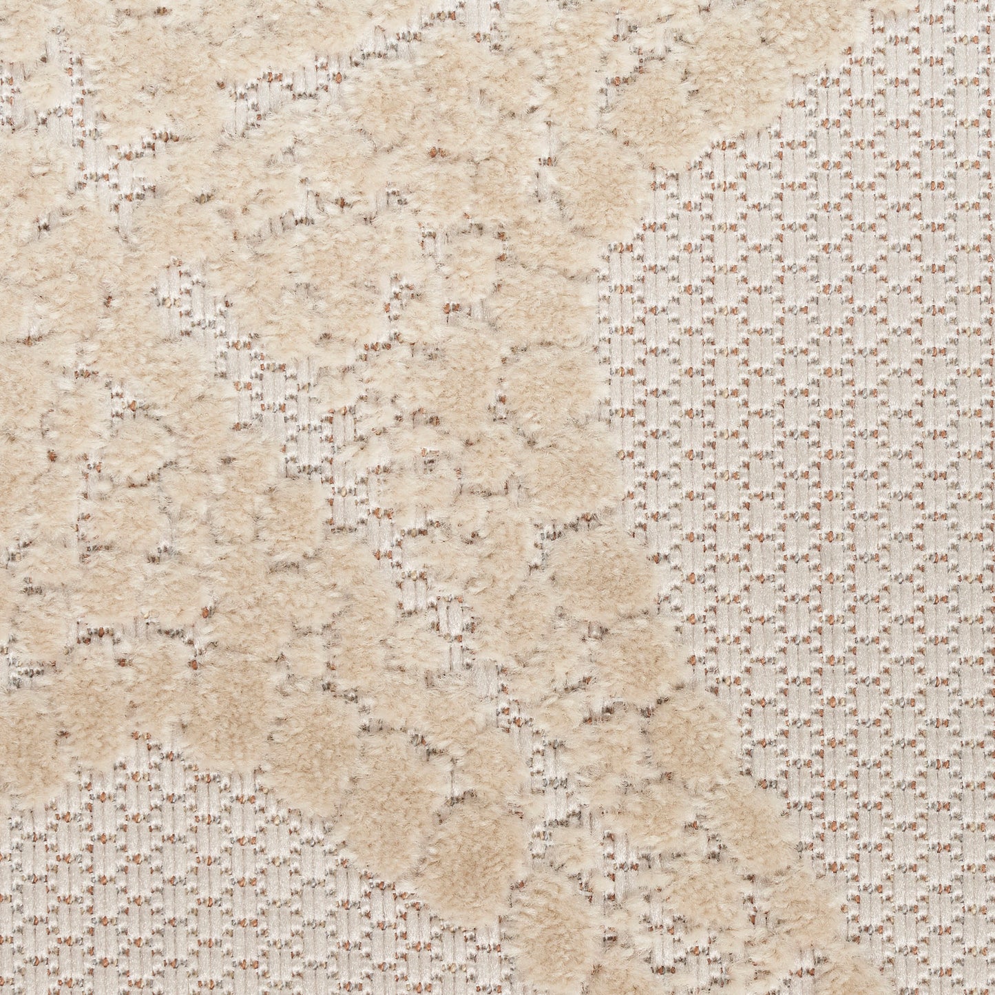 Beige two-texture rug: shaggy cream pile on the left and subtle woven grid on the right; warm, versatile home decor.