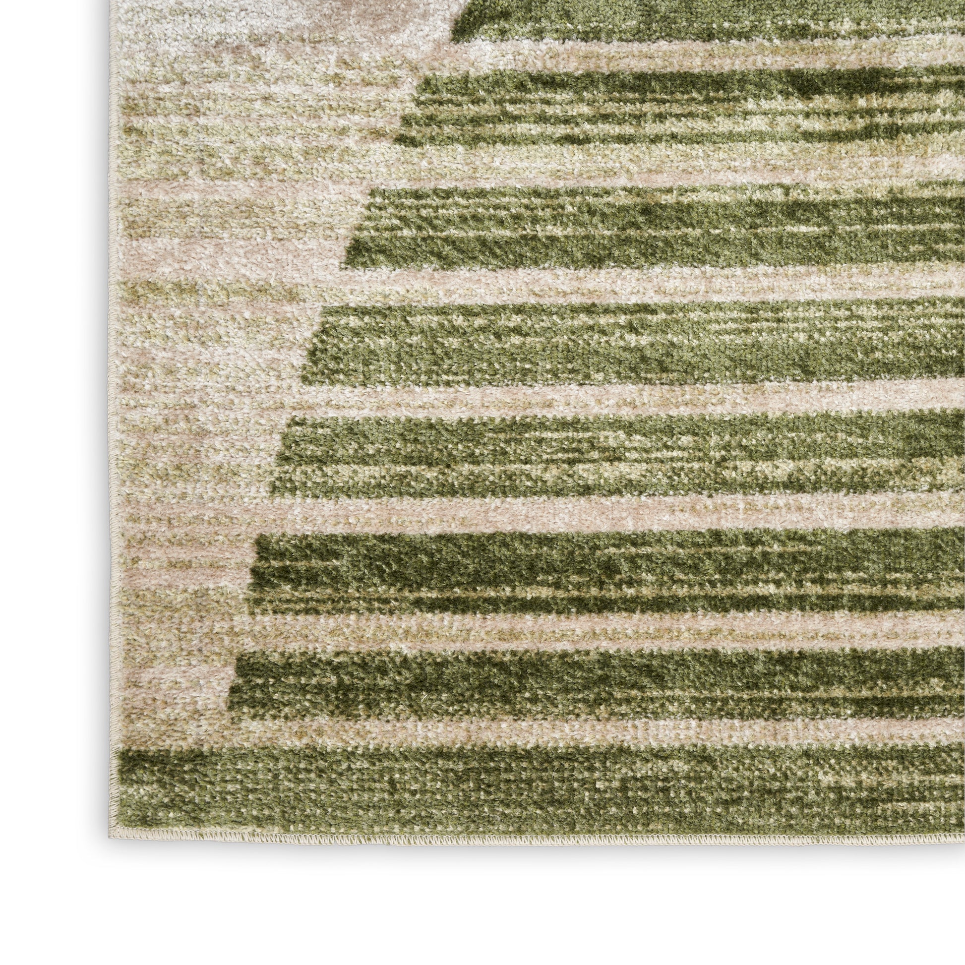 Beige rug with olive-green horizontal brush-stroke stripes and soft textured pile.
