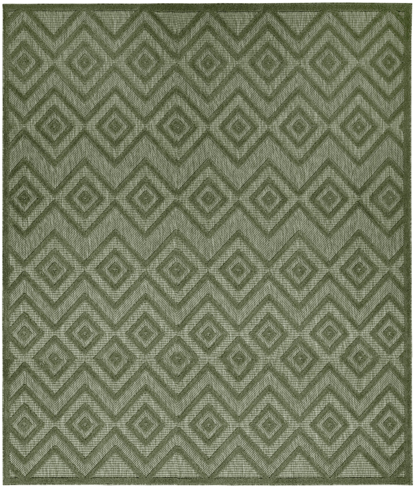 Olive-green rectangular rug with a repeating diamond pattern and textured, stitched chevrons for modern decor.