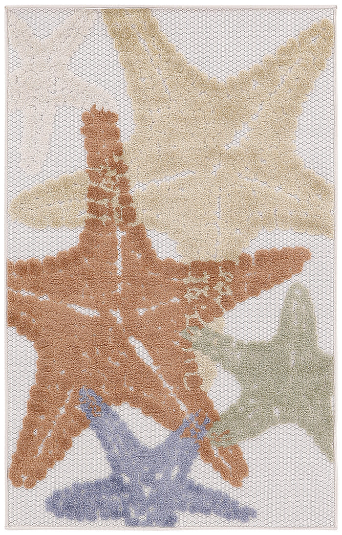 Rectangular tufted outdoor rug with overlapping pastel starfish shapes in beige, orange, sage green and blue; beachy decor.