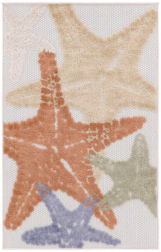 Rectangular tufted outdoor rug with overlapping pastel starfish shapes in beige, orange, sage green and blue; beachy decor.