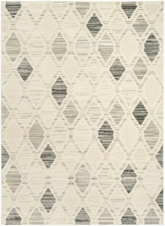 Geometric diamond-pattern area rug in cream, beige and gray; woven texture, modern neutral rug for living room.
