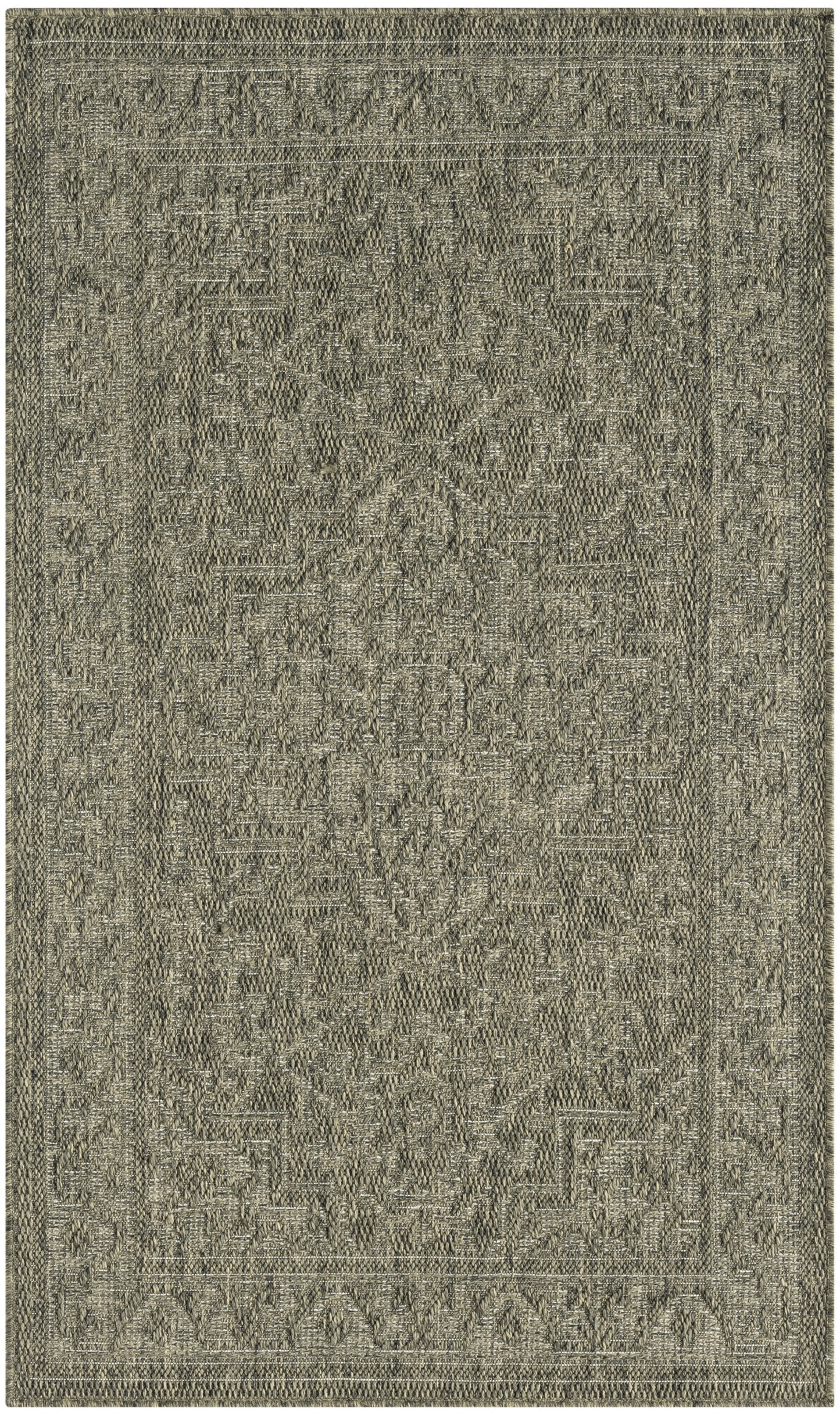 Rectangular area rug in neutral gray-beige, woven with traditional oriental motifs and a bordered frame.