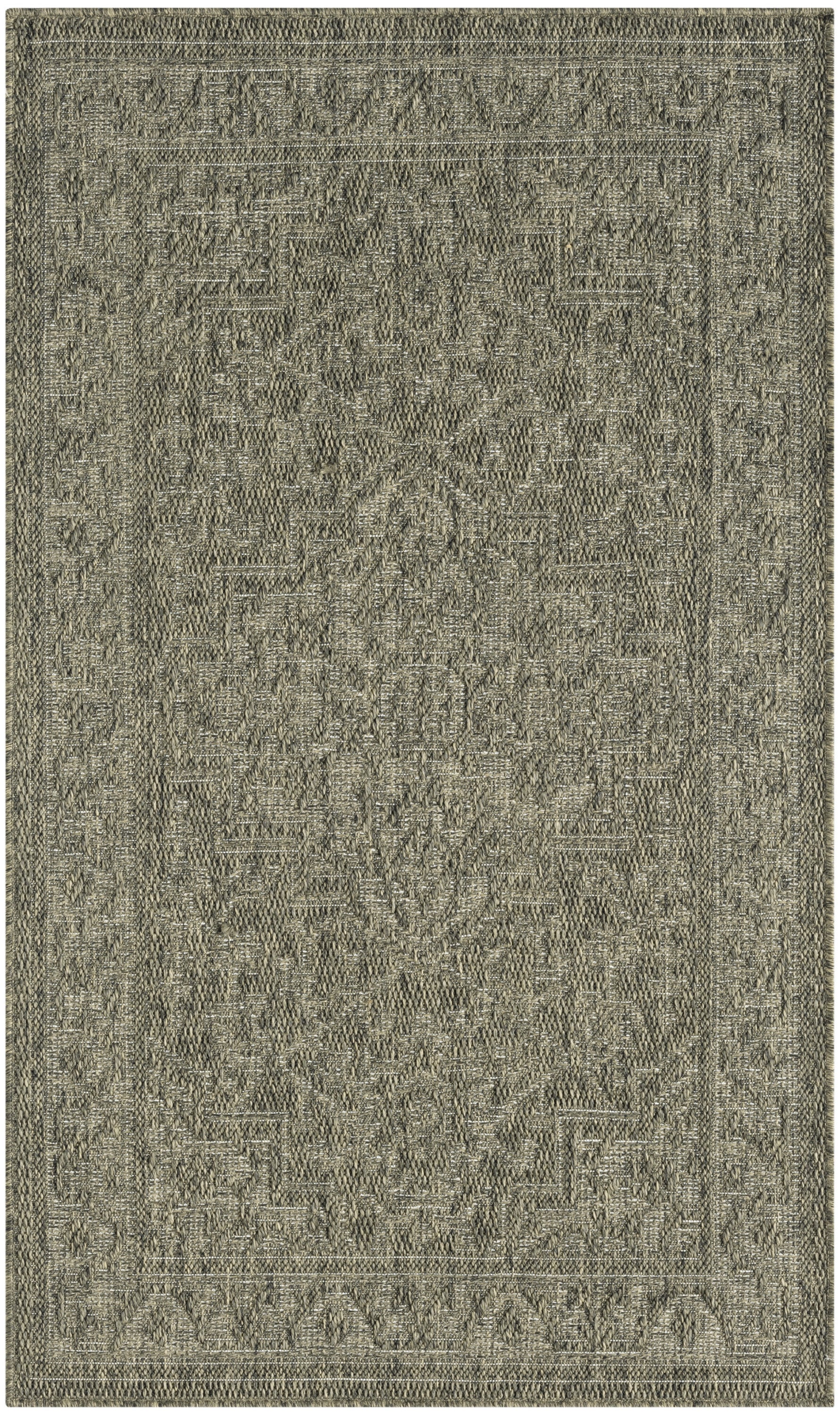 Rectangular area rug in neutral gray-beige, woven with traditional oriental motifs and a bordered frame.
