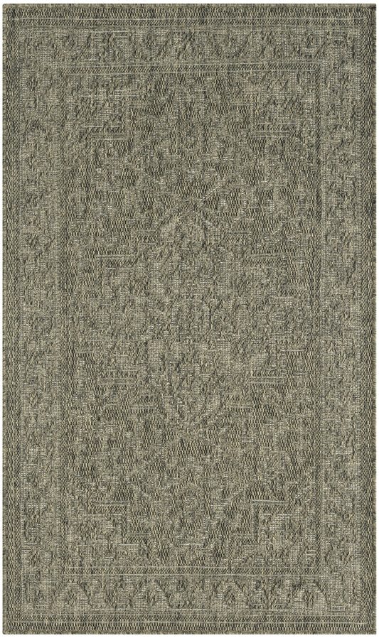 Rectangular area rug in neutral gray-beige, woven with traditional oriental motifs and a bordered frame.