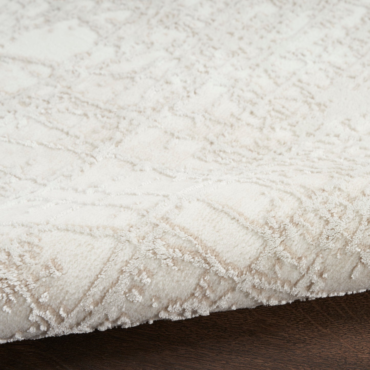 Cream-colored plush area rug with raised damask pattern, soft pile, edge visible on dark wood floor.