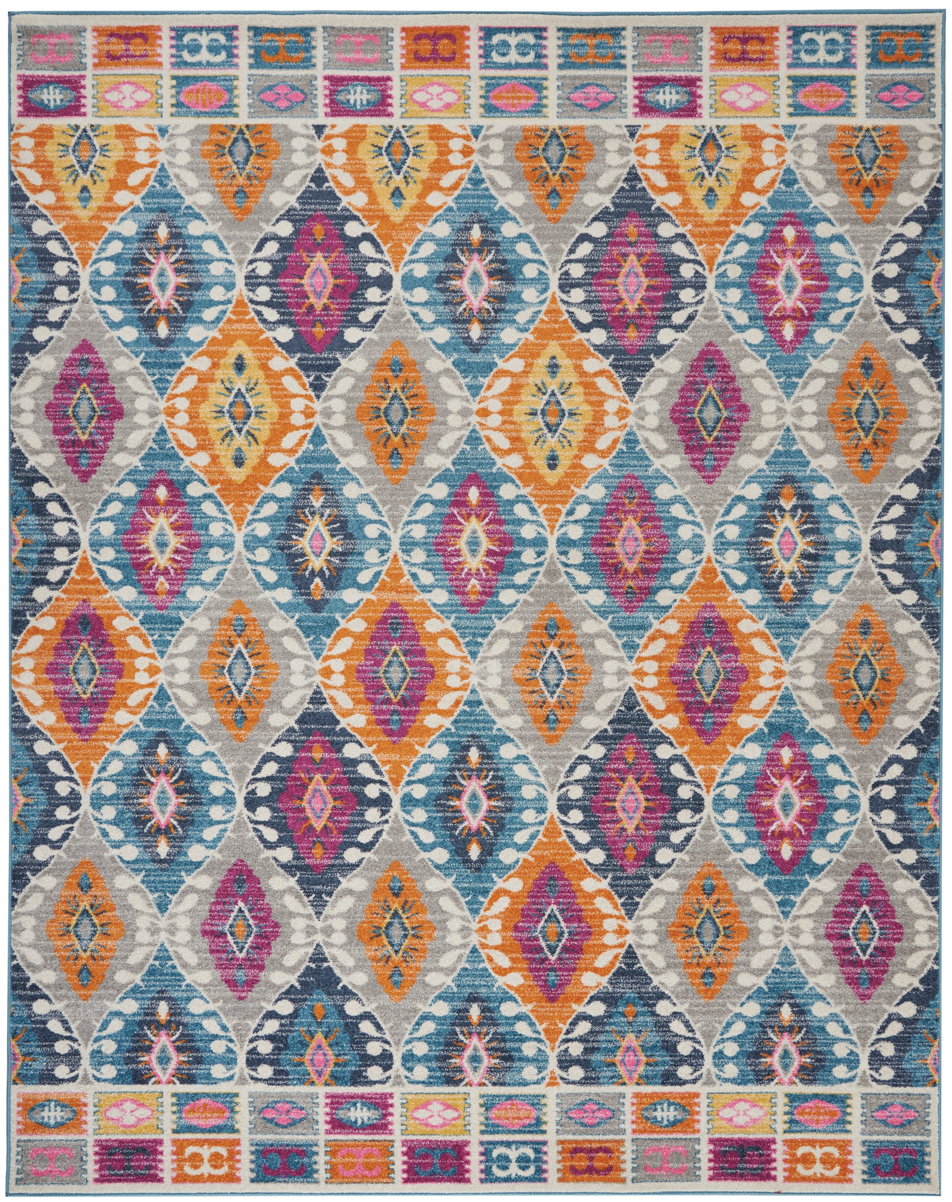 Colorful boho area rug with diamond ikat motifs in orange, teal, blue, purple and pink; bordered by geometric trim.