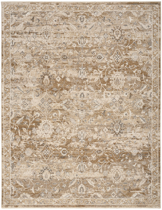 Neutral beige and ivory antique-style rectangular area rug with distressed floral medallion pattern.