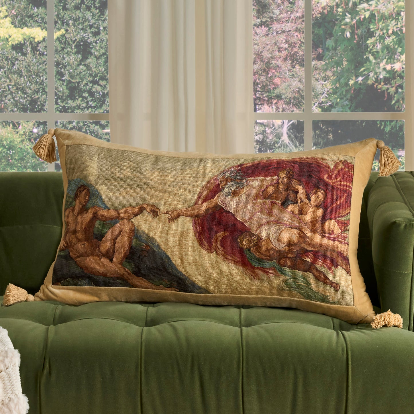 Gold velvet tapestry rug with a classical myth scene, tasselled ends, multicolor design (22" x 41").