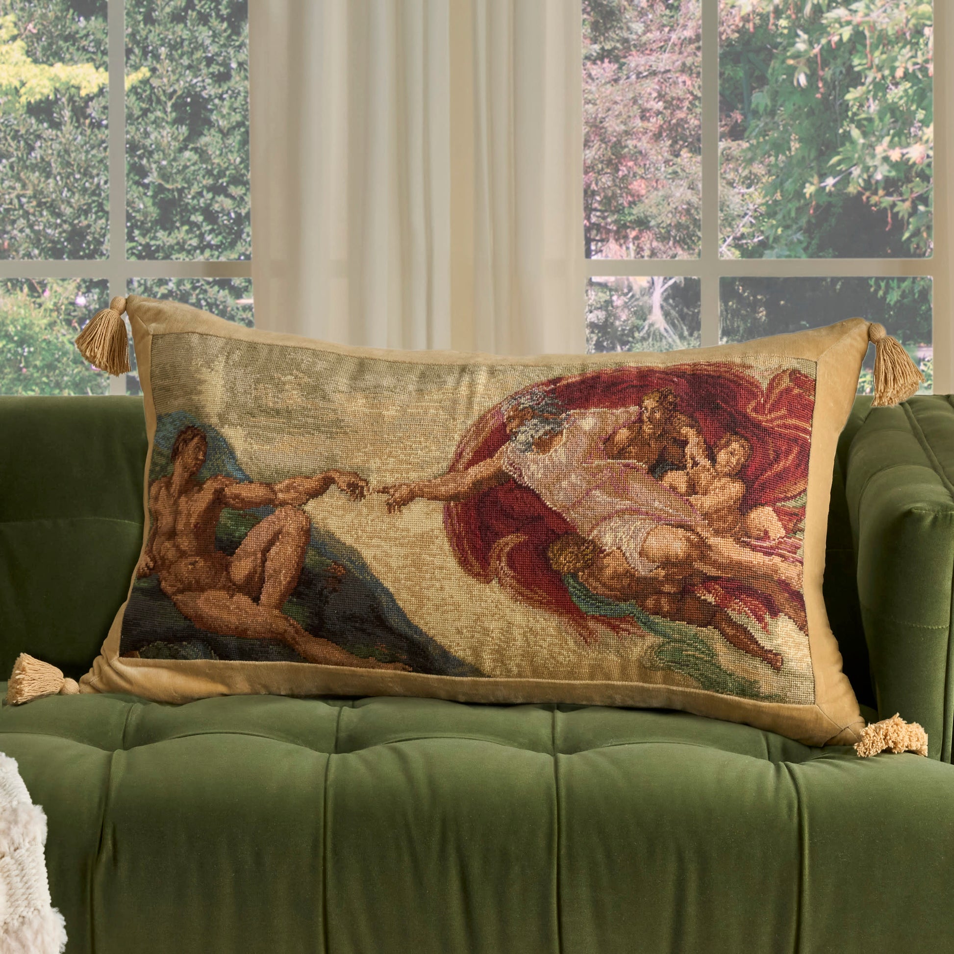 Gold velvet tapestry rug with a classical myth scene, tasselled ends, multicolor design (22" x 41").