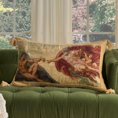 Gold velvet tapestry rug with a classical myth scene, tasselled ends, multicolor design (22" x 41").