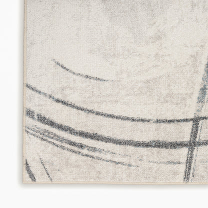 Beige textured rug corner with dark gray abstract curved lines in a modern minimalist style.