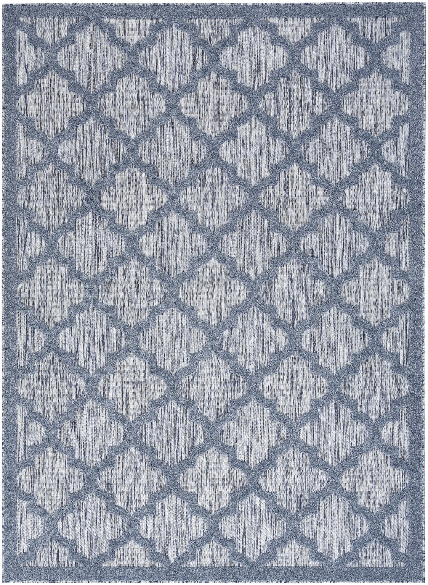 Blue-gray textured area rug with a repeating trellis/diamond pattern; woven, modern geometric design.