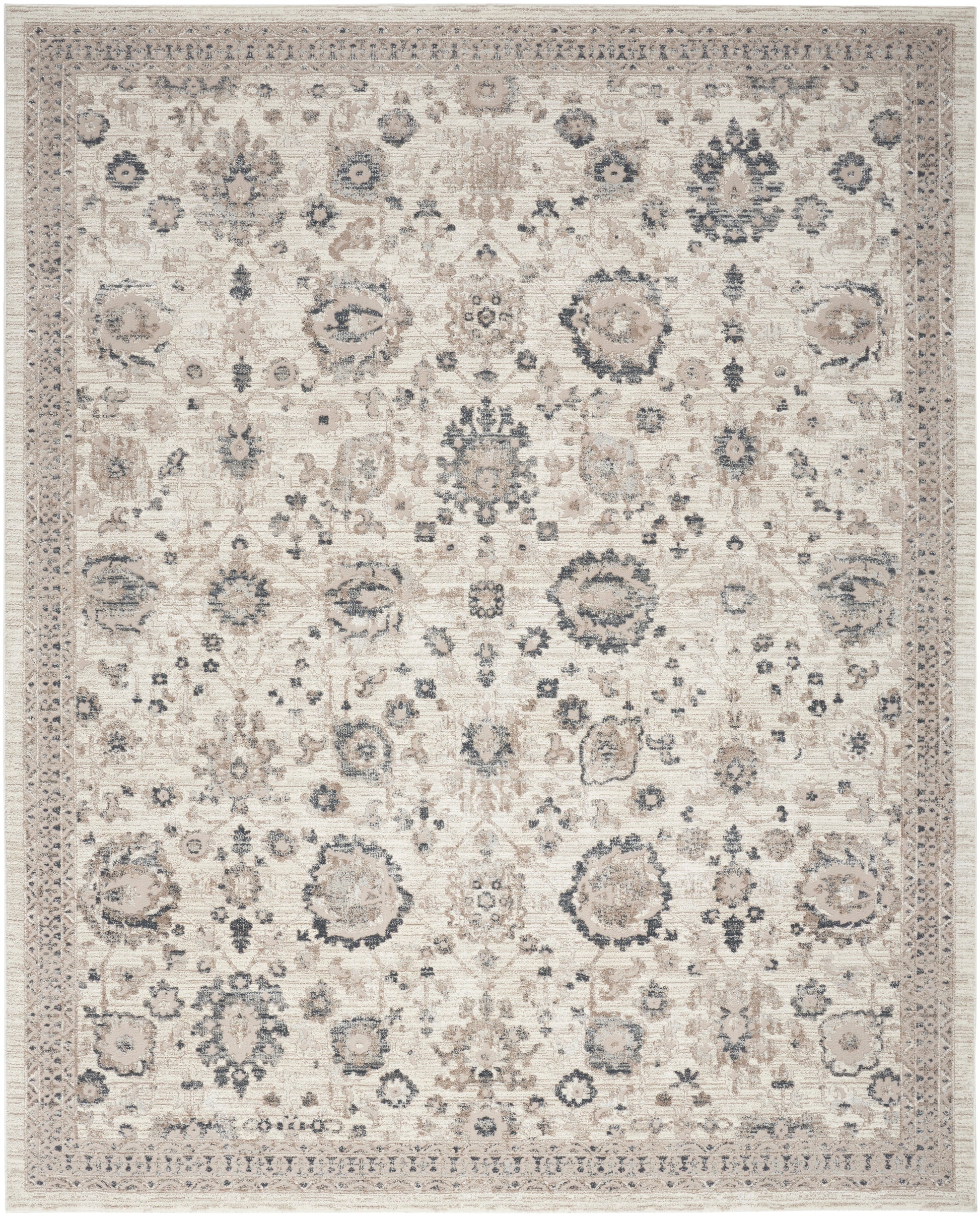 Neutral beige Persian-style area rug with muted blue-gray florals and an ornate border.