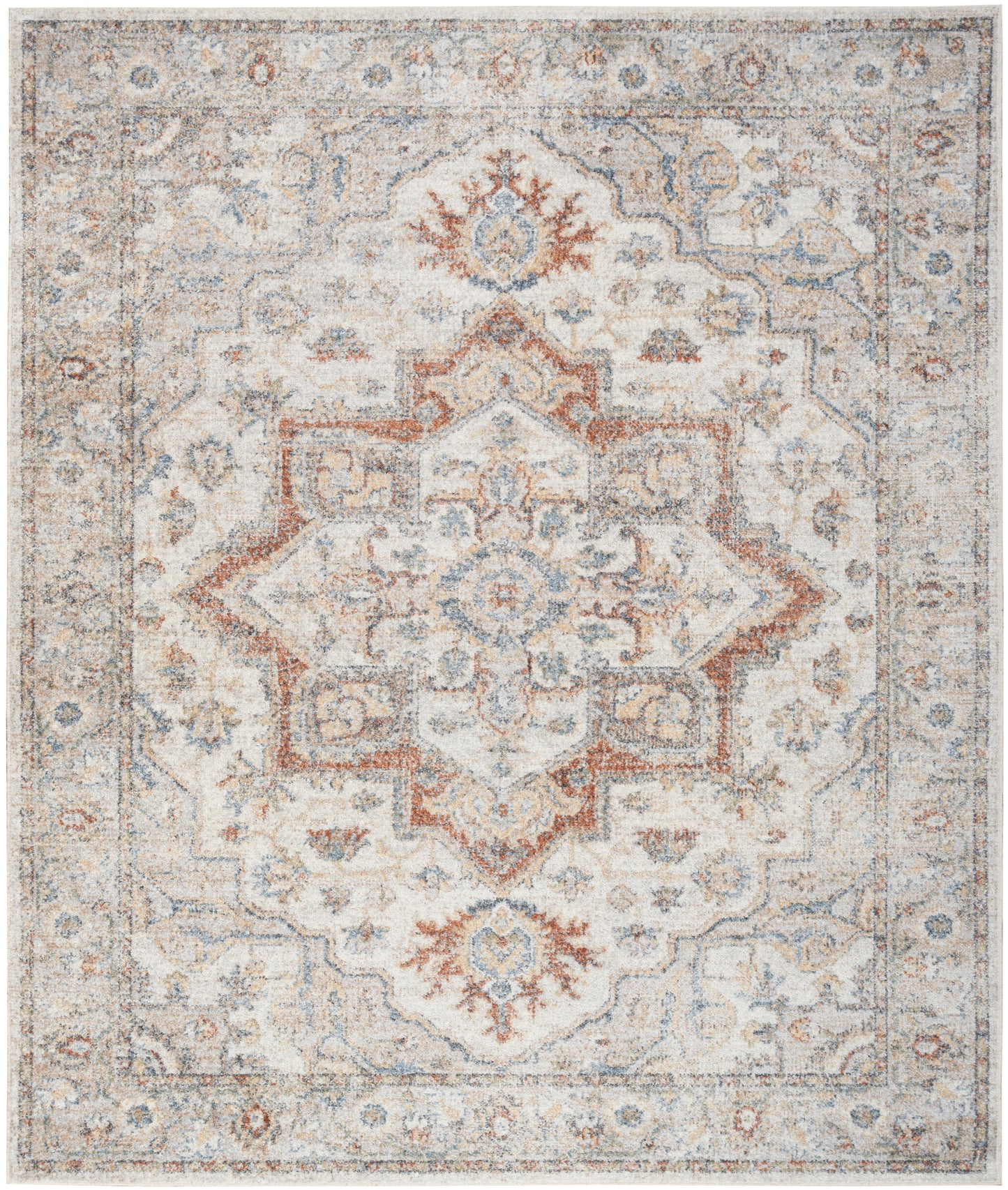 Traditional Persian-style area rug with a central geometric medallion in rust and blue on an ivory field, with a pale blue border.