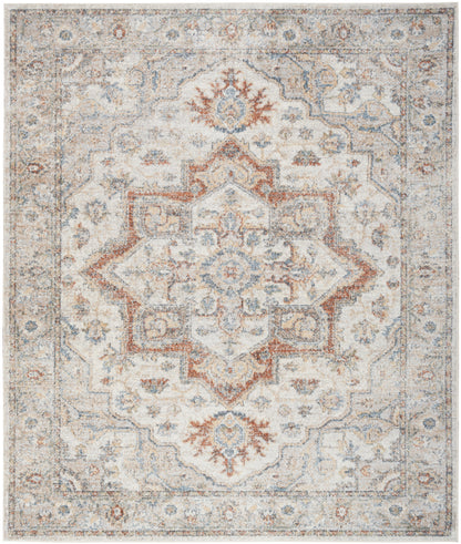 Traditional Persian-style area rug with a central geometric medallion in rust and blue on an ivory field, with a pale blue border.