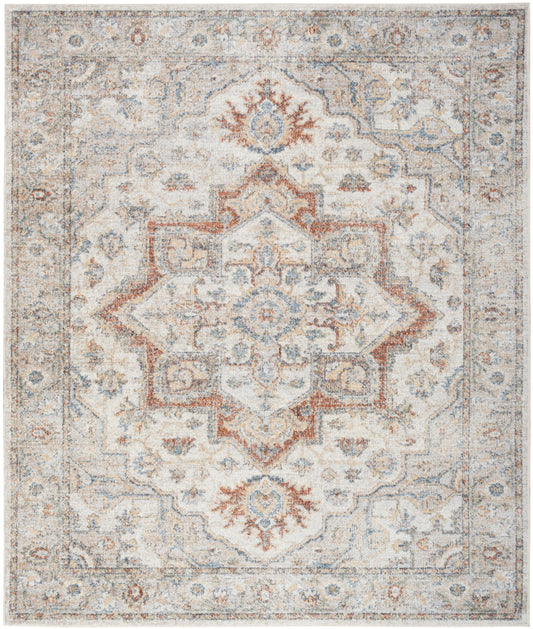 Traditional Persian-style area rug with a central geometric medallion in rust and blue on an ivory field, with a pale blue border.