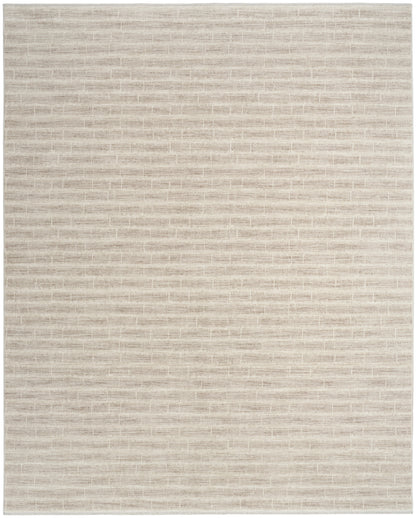 Beige woven area rug with subtle horizontal stripes; neutral, modern style for living rooms and bedrooms.