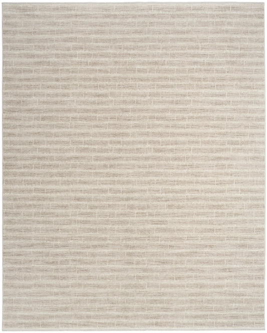 Beige woven area rug with subtle horizontal stripes; neutral, modern style for living rooms and bedrooms.