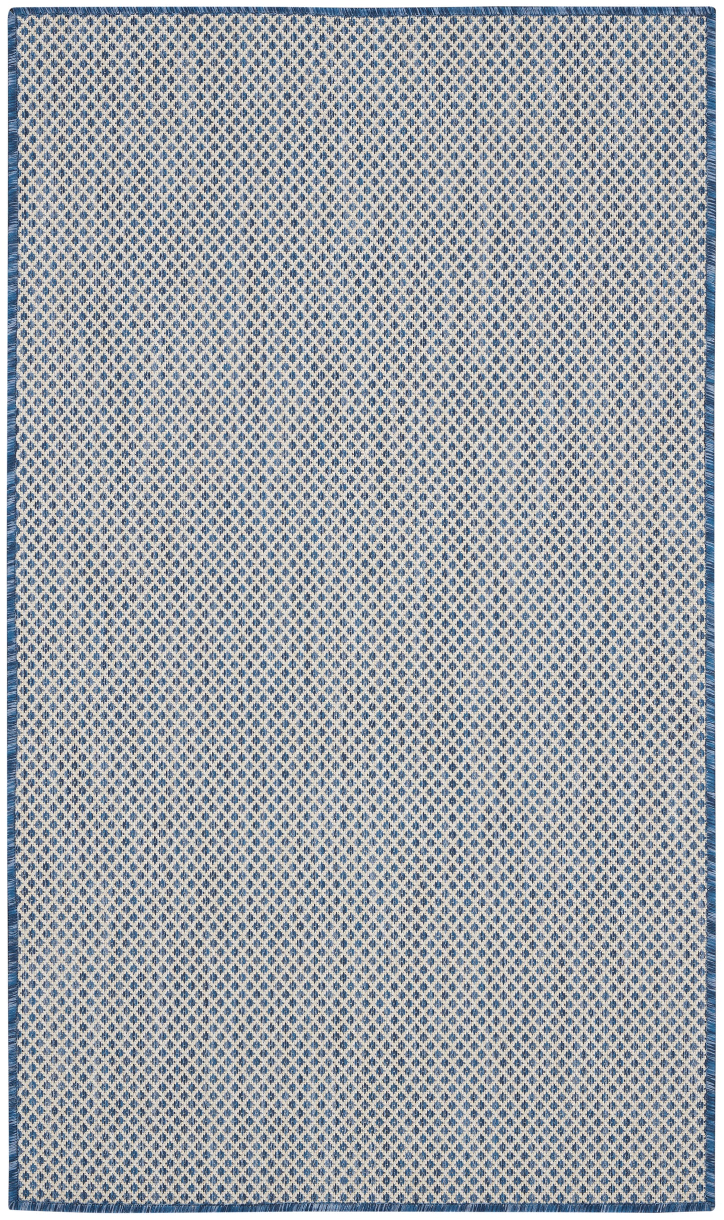 Rectangular blue and white diamond lattice rug with a dark blue border and fringe.