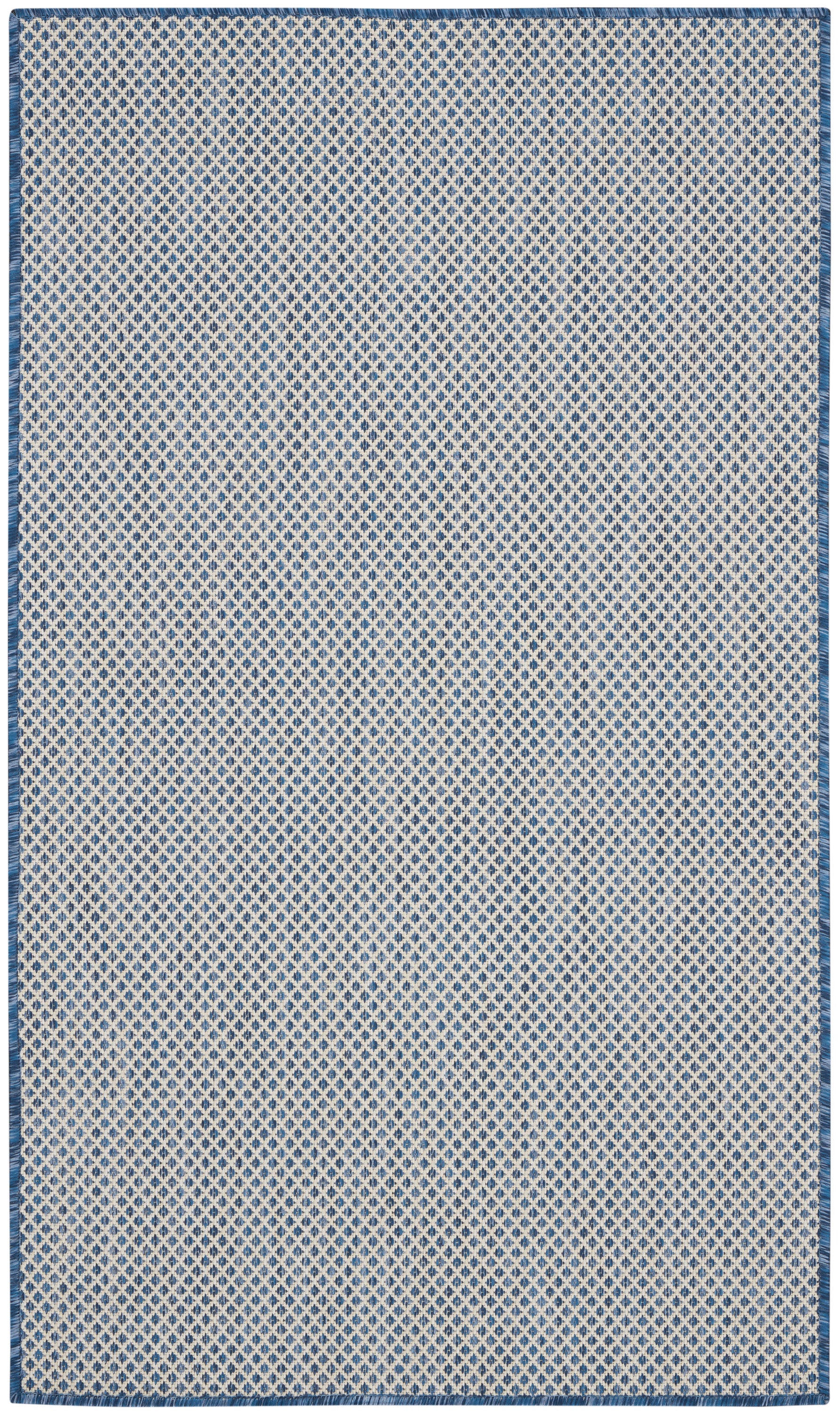 Rectangular blue and white diamond lattice rug with a dark blue border and fringe.